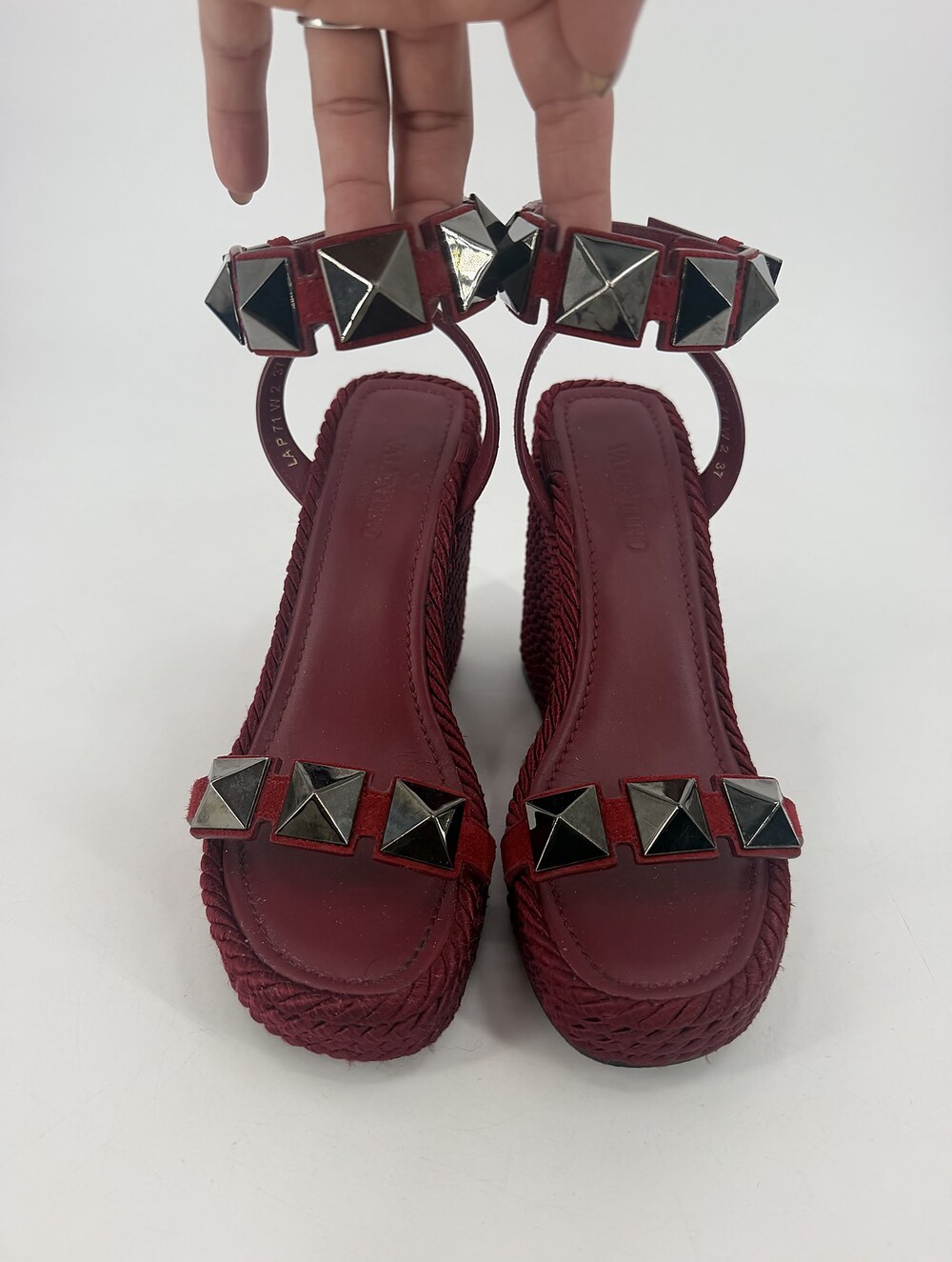 Valentino Garavani Roman Stud Torchon Wedge Sandals Rubino Red 37